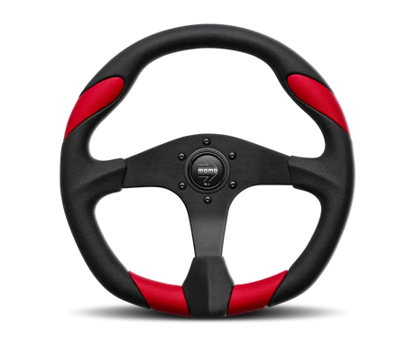 Red and black Momo Quark steering wheel with sporty design and NRG logo front and center