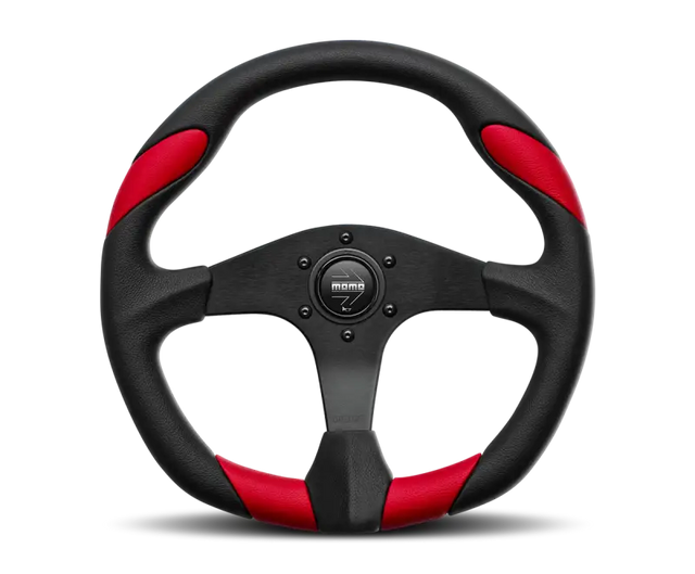Red and black Momo Quark steering wheel with sporty design and NRG logo front and center