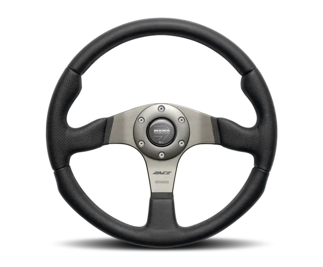 Momo Race Steering Wheel 350 mm - Black Leather, Anth Spokes, High-Performance Design.