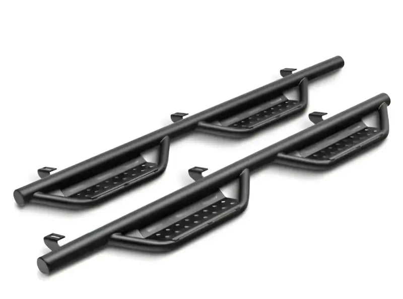 Black metal nerf bar with rocker panel mount and side steps for trucks