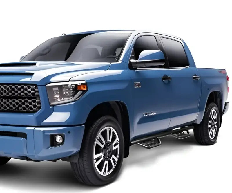 Blue Toyota Tundra nerf bar with rocker panel mount and drop down steps