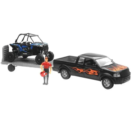 Toy truck with trailer and Polaris RZR XP1000 figurine set, scale 1:18