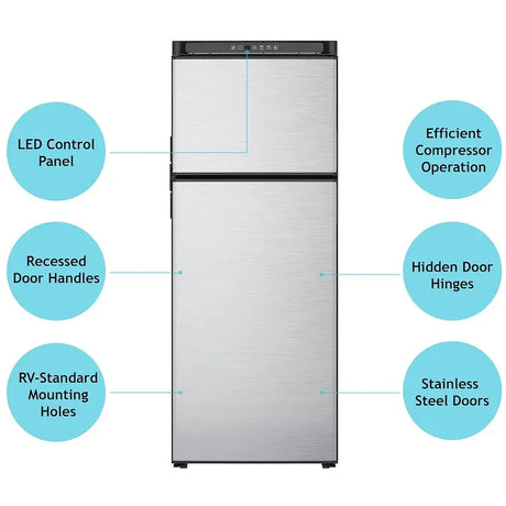 N10DCBKR Norcold 10Cu Ft 12V DC Dual Compartment RV Refrigerator Right Hand Hinge with stainless steel doors and LED control.