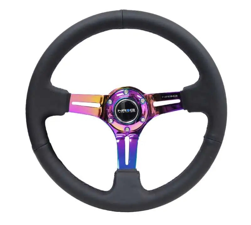NRG NRG Reinforced Steering Wheel (350mm / 3in. Deep) Blk Leather/Blk Stitch w/Neochrome Slits