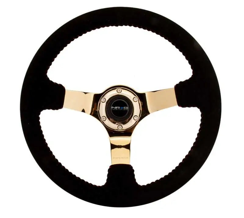 NRG NRG Reinforced Steering Wheel (350mm / 3in. Deep) Blk Suede w/Red BBall Stitch & Chrome Gold 3-Spoke