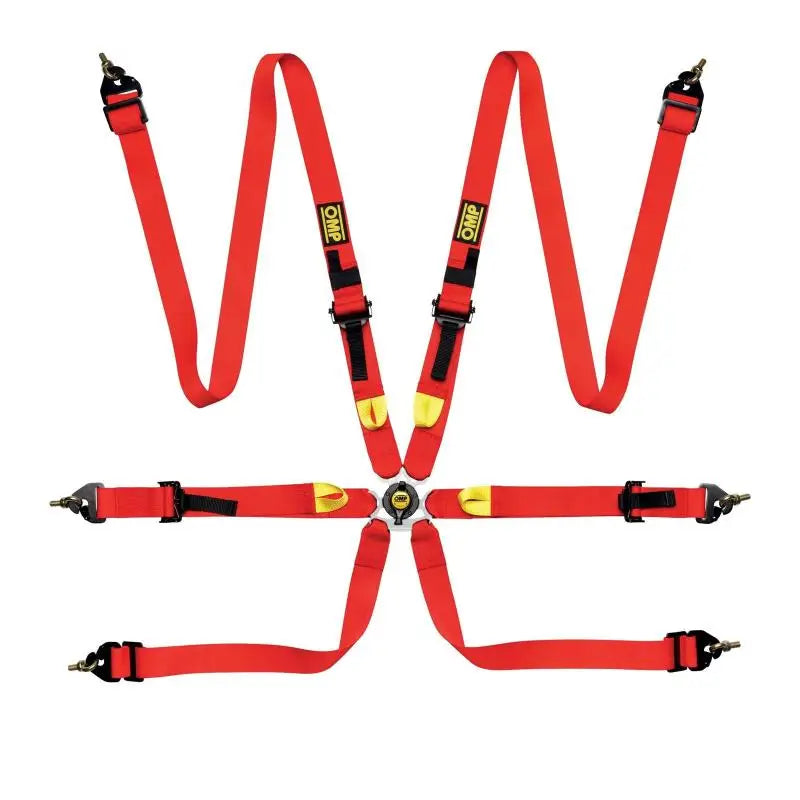 Red six-point racing harness from OMP Safety Harness First 2In Red, FIA approved