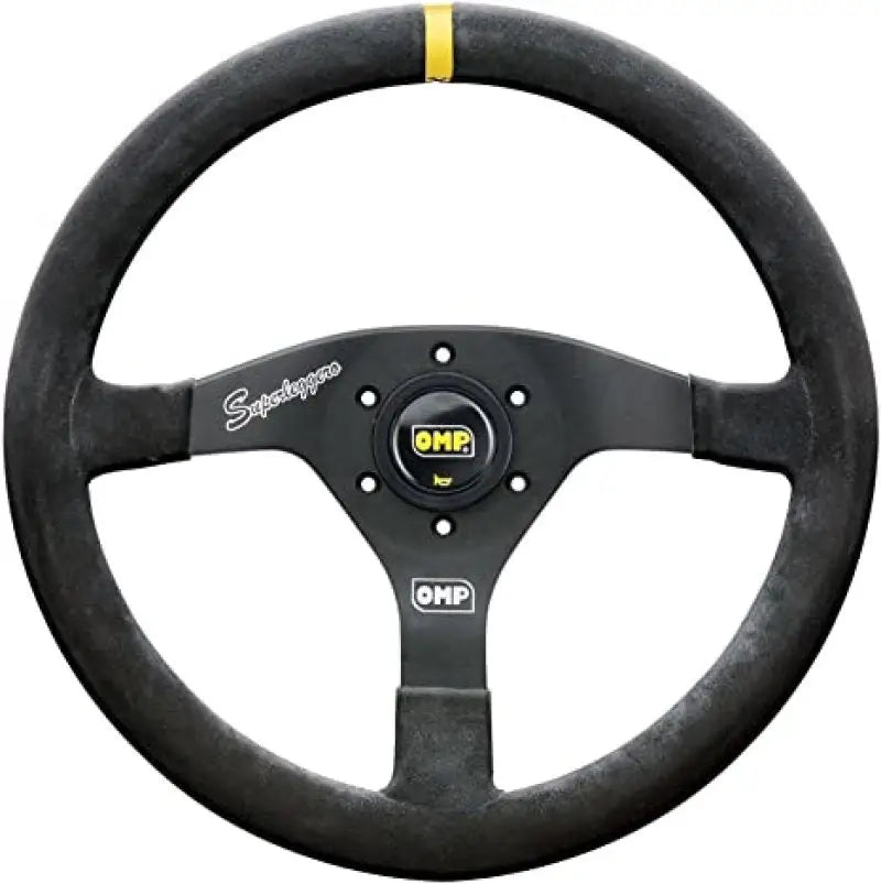 Black suede leather OMP Velocita Superleggero steering wheel with yellow stripe