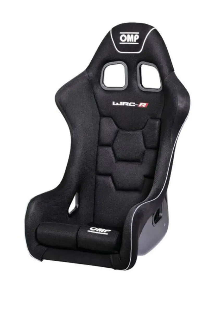OMP WRC Series Fiberglass Seat in Black with ergonomic design and WRC-R branding.
