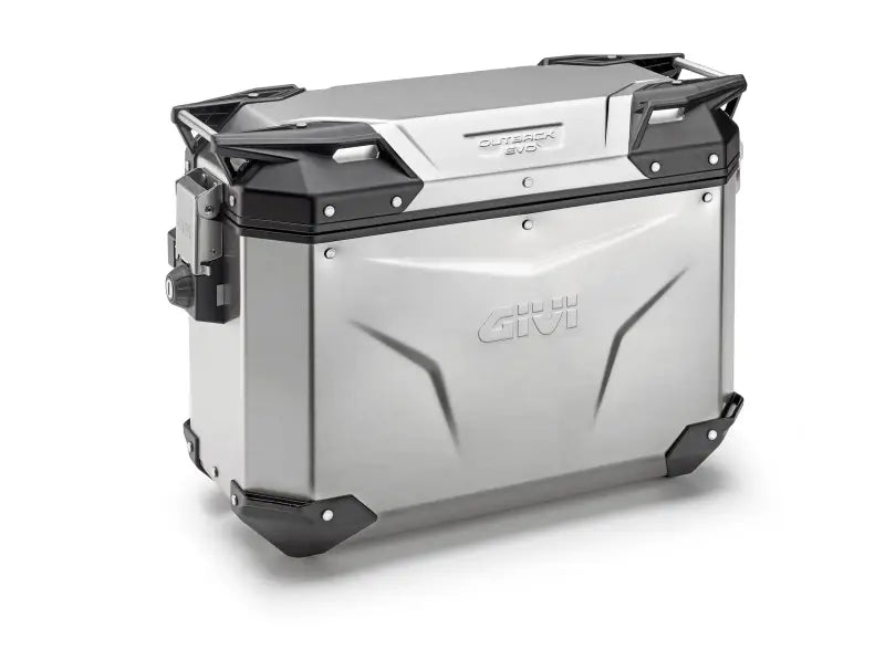 Silver aluminum Outback Evo Case Right 37l motorcycle pannier with black reinforced corners
