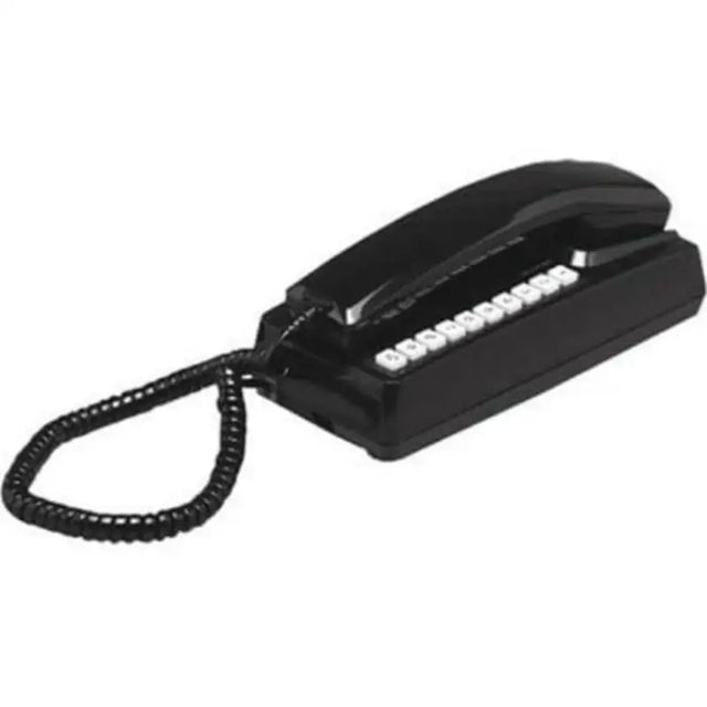 Black desk phone with coiled cord from Newmar Phone Station White lineup