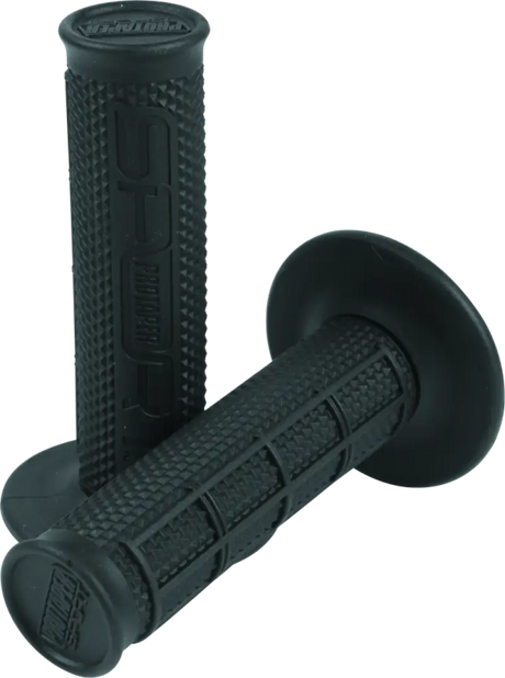 Black waffle grips on motorcycle handlebar for a sleek black look and smooth riding experience
