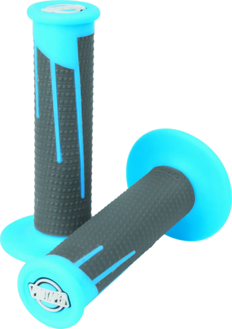 Neon blue and dark gray diamond clamp-on grips for motorcycle handlebars