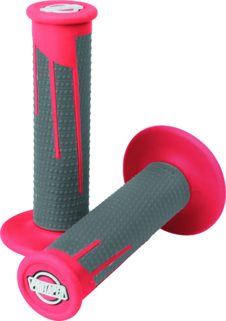 Pink and gray motorcycle handlebar grips with red dark gray accents for ProTaper grips