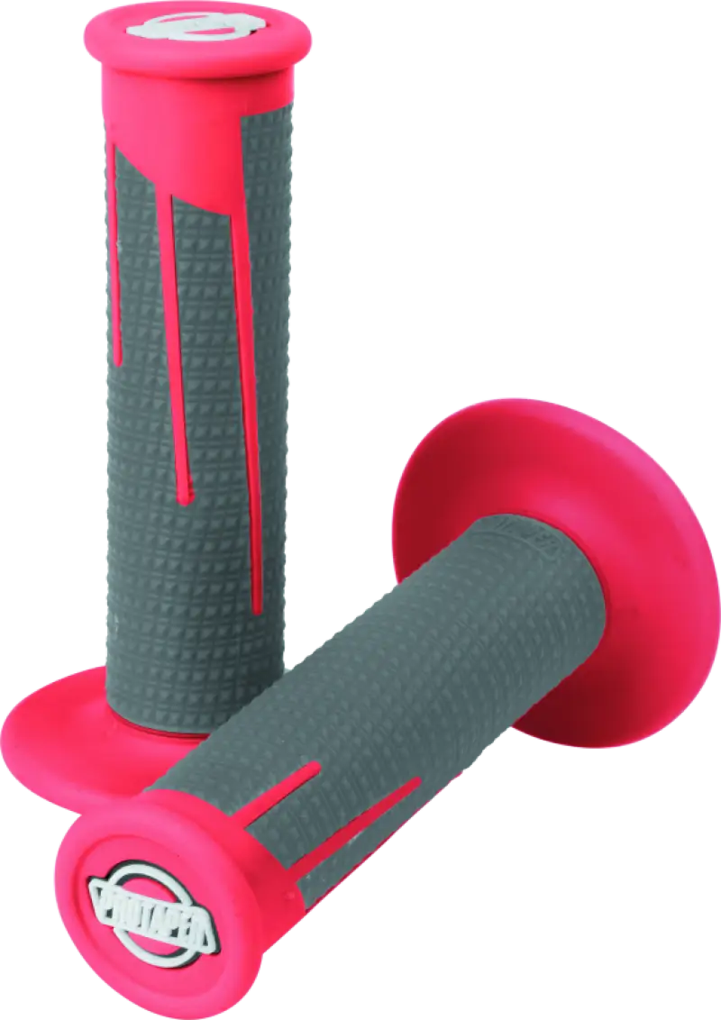 Pink and gray motorcycle handlebar grips with red dark gray accents for style