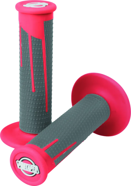 Pink and gray motorcycle handlebar grips with red dark gray accents for style