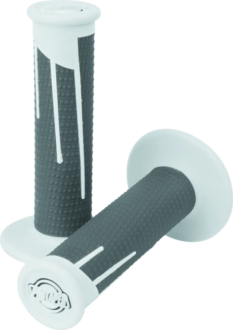 Gray and white motorcycle handlebar grips in dark gray and white dark colors for style