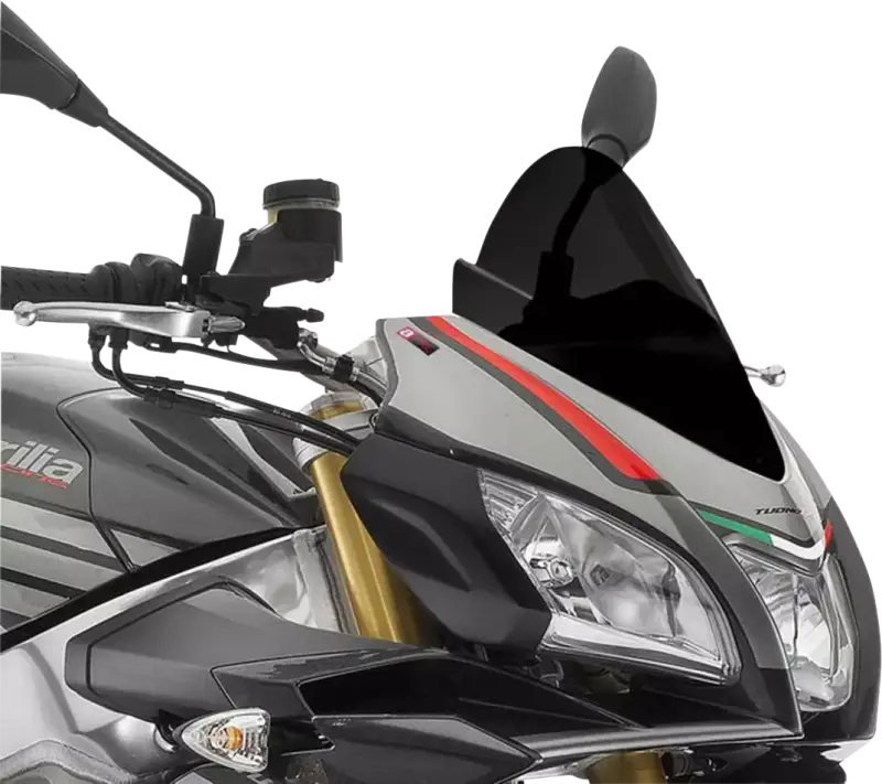 Gray and black Aprilia motorcycle front with Puig 7615N Windscreen Racing Black