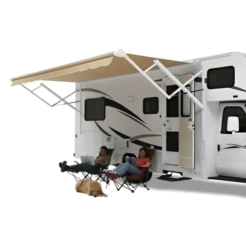 RV with extended awning, two people relaxing on chairs, dog lying down, showcasing the QJ158D8D Carefree/Co. Sprgls Rlr-Vl 15'Dsbg Dbg - perfect for camping, Outdoor Living, Exterior Parts & Accessories, RV Sun and Shade Solutions Awnings and Parts for Ultimate Comfort, AVADA - Best Sellers