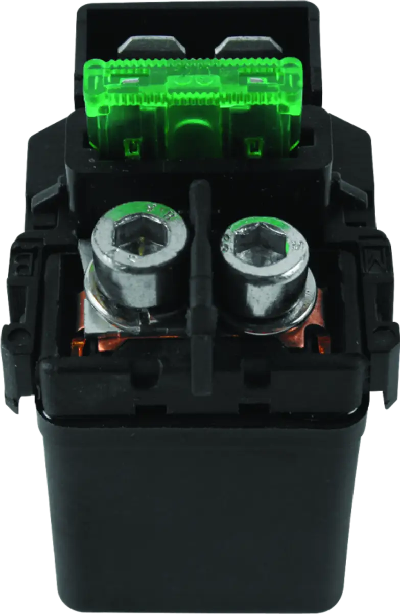 Black electrical component with green fuse and metal terminals for Kawasaki KFX700 VForce