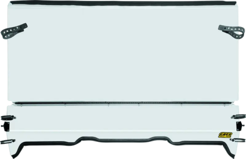 White truck bed cover on Polaris Ranger with windbreak folding windshield for protection