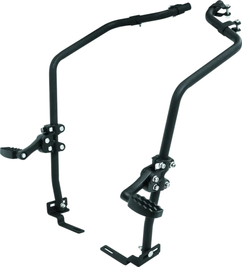 Black motorcycle highway bar foot pegs on Yamaha YFM700 Grizzly winch mount attachment