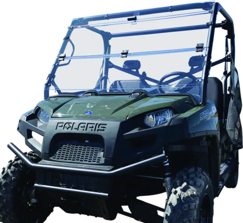 Green Polaris Ranger utility vehicle with windbreak folding windshield for protection