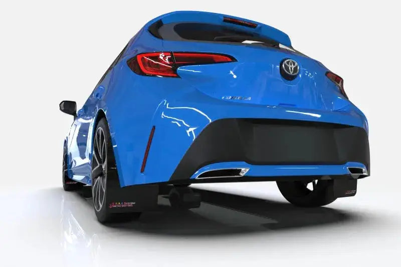 Blue Toyota hatchback with dual exhaust showcasing Rally Armor black mud flaps for Ford Focus