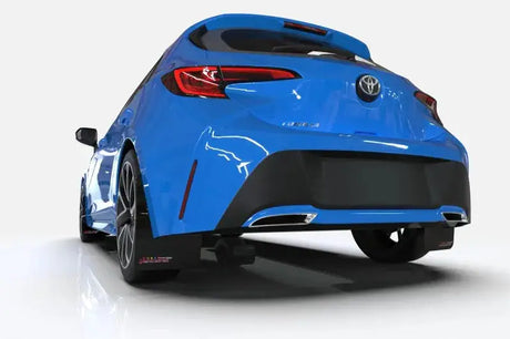 Blue Toyota hatchback with dual exhaust showcasing Rally Armor black mud flaps for Ford Focus