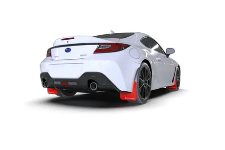 White Subaru BRZ or Toyota GR86 mud flap with red mud flaps and white logo for rally style