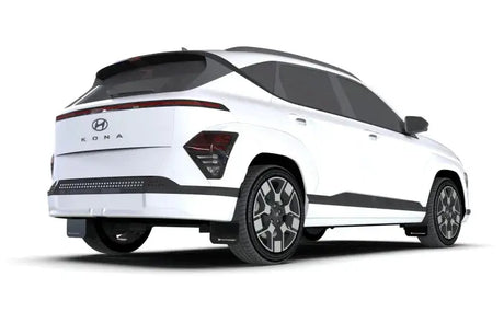 White Hyundai Kona SUV with Rally Armor Black UR Mud Flaps featuring Red Logo