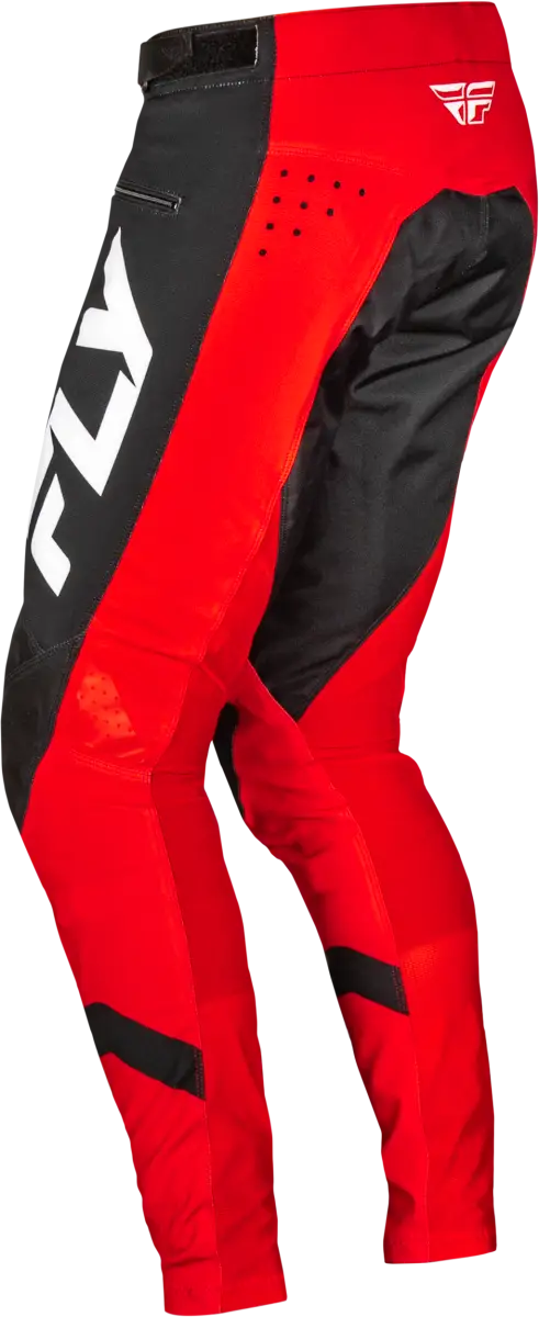 Red and black motocross pants with white FLY branding showcasing durable stretch technology