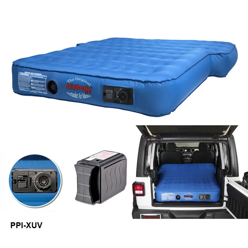 Blue inflatable car mattress.
