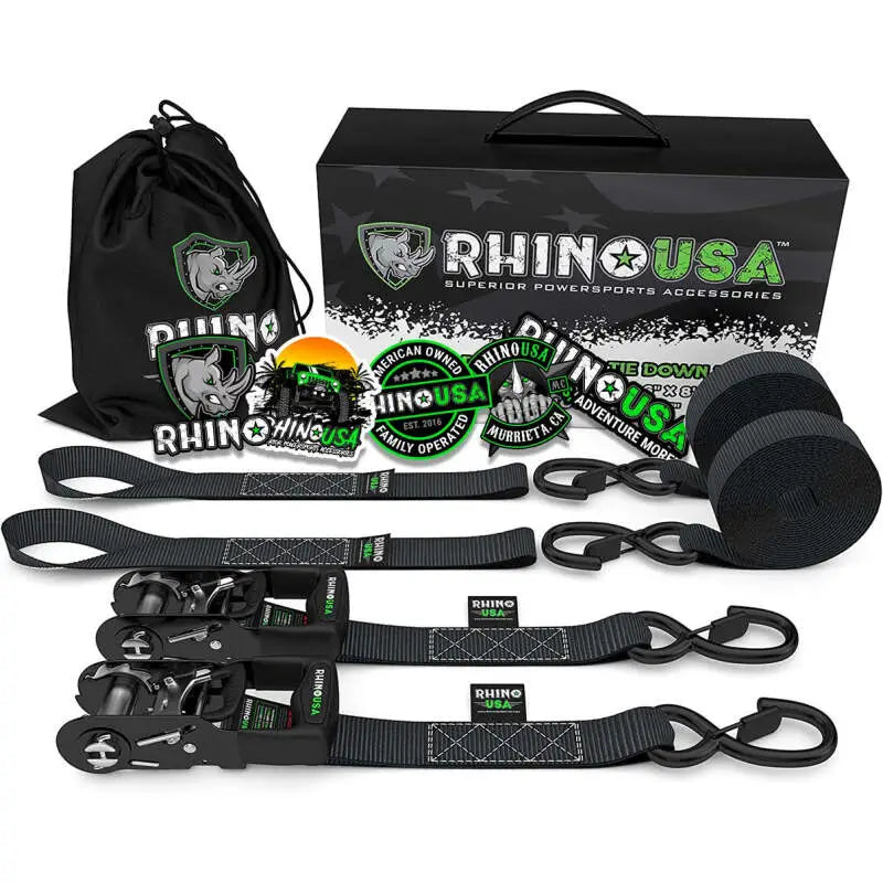 Rhino USA Heavy Duty Ratchet Tie-Downs 2-Pack (Black) 1.6In X 8Ft - Rhino USA