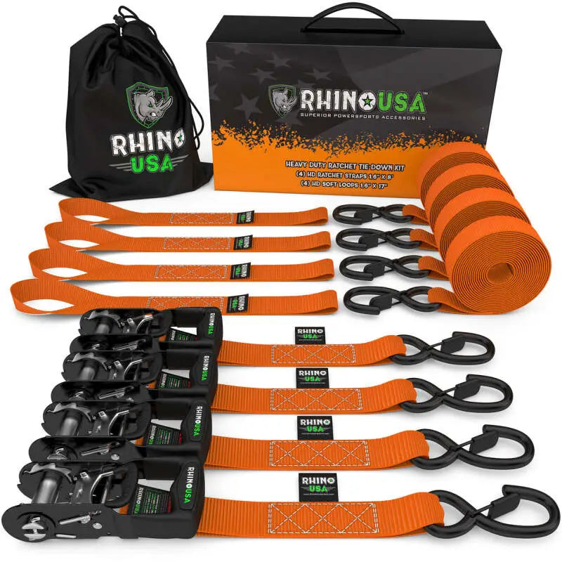 Rhino USA Heavy Duty Ratchet Tie-Down 4-Pack (Orange) 1.6In X 8Ft - Rhino USA