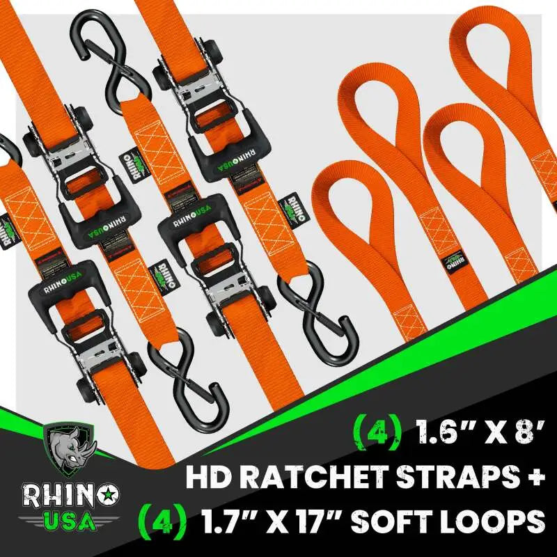 Rhino USA Heavy Duty Ratchet Tie-Down 4-Pack (Orange) 1.6In X 8Ft - Rhino USA