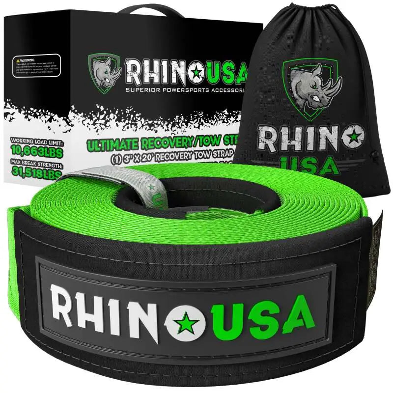 Rhino USA Recovery Tow Strap 3Inx20Ft (Green) - Rhino USA