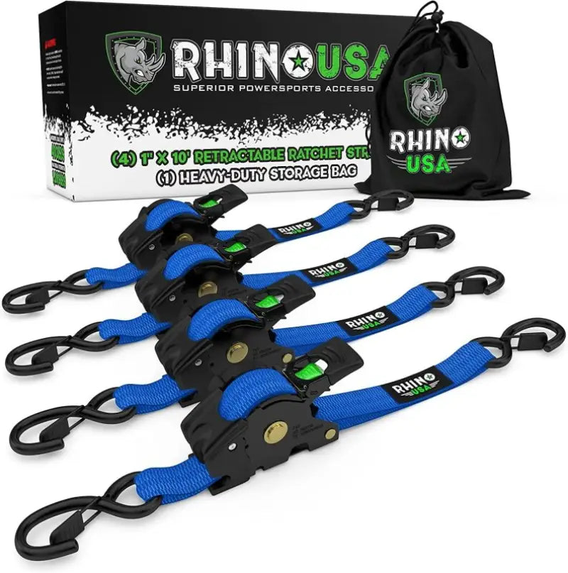 Rhino USA Retractable Ratchet Straps (4Pk 1Inx10Ft) (Blue) - Rhino USA