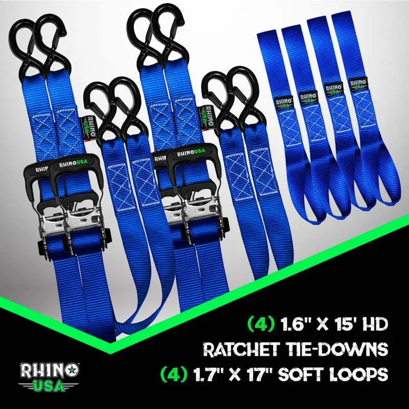 Rhino USA Heavy Duty Ratchet Tie-Down 4-Pack Blue 1.6In X 15Ft - Rhino USA