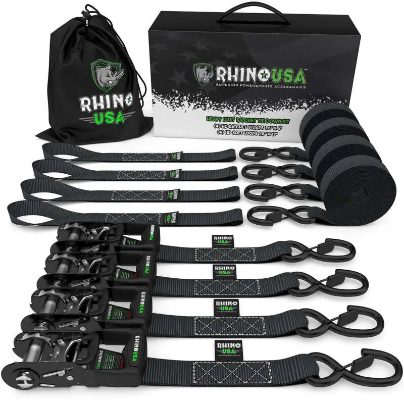 Rhino USA Heavy Duty Ratchet Tie-Down 4-Pack (Black) 1.6In X 8Ft - Rhino USA
