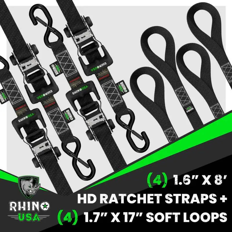 Rhino USA Heavy Duty Ratchet Tie-Down 4-Pack (Black) 1.6In X 8Ft - Rhino USA