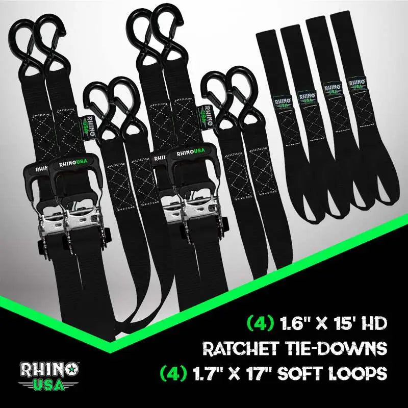 Rhino USA Heavy Duty Ratchet Tie-Down 4-Pack Black 1.6In X 15Ft - Rhino USA