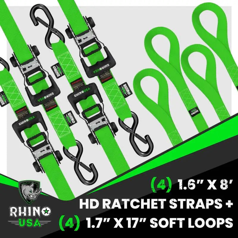 Rhino USA Heavy Duty Ratchet Tie-Down 4-Pack (Green) 1.6In X 8Ft - Rhino USA