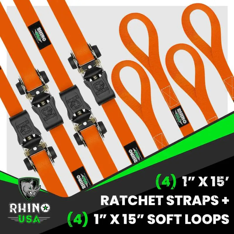 Rhino USA Medium Duty Ratchet Strap Tie-Down 4-Pack (Orange) - Rhino USA