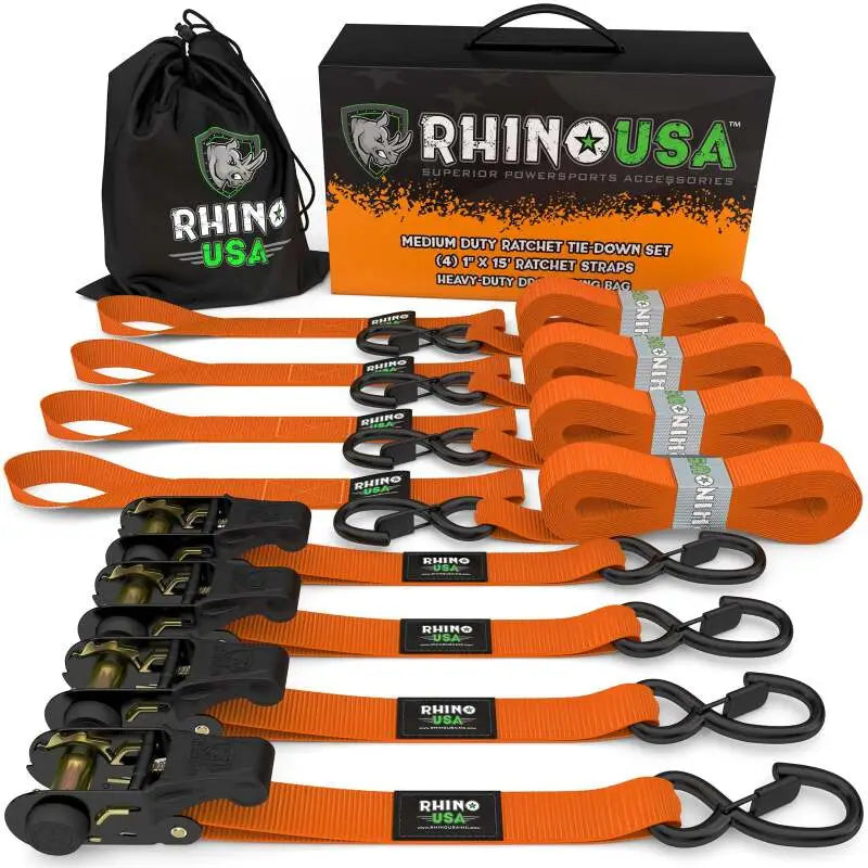 Rhino USA Medium Duty Ratchet Strap Tie-Down 4-Pack (Orange) - Rhino USA