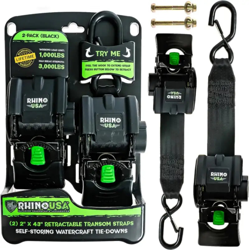 Rhino USA Retractable Transom Straps (2 Pack-Black) - Rhino USA