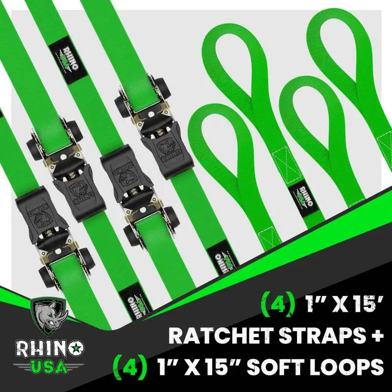 Rhino USA Medium Duty Ratchet Strap Tie-Down 4-Pack (Green) - Rhino USA
