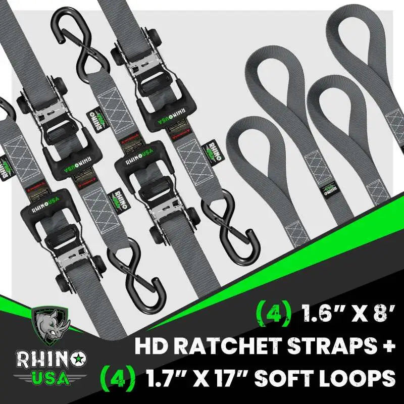 Rhino USA Heavy Duty Ratchet Tie-Down 4-Pack (Gray) 1.6In X 8Ft - Rhino USA