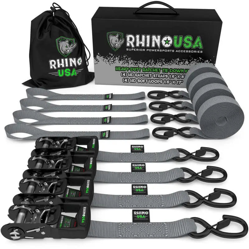 Rhino USA Heavy Duty Ratchet Tie-Down 4-Pack (Gray) 1.6In X 8Ft - Rhino USA