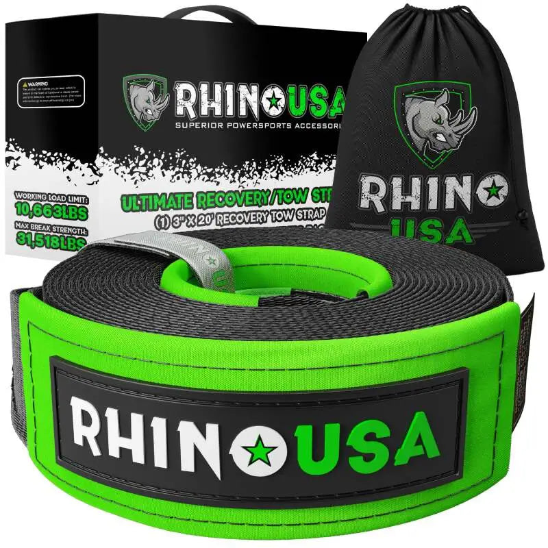 Rhino USA Recovery Tow Strap 3Inx30Ft (Black) - Rhino USA