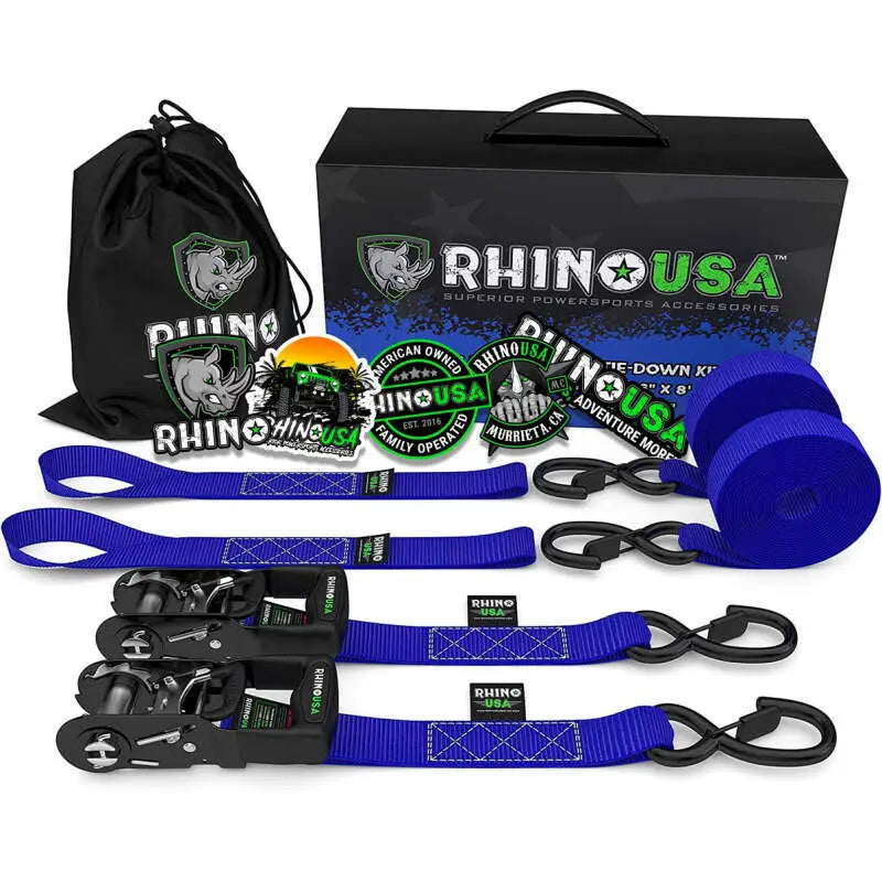 Rhino USA Heavy Duty Ratchet Tie-Downs 2-Pack (Blue) 1.6In X 8Ft - Rhino USA